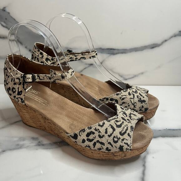 Toms Women's Brown Black Leopard Canvas Espadrille Wedge Marisol Sandals Sz 8.5 - Picture 1 of 7